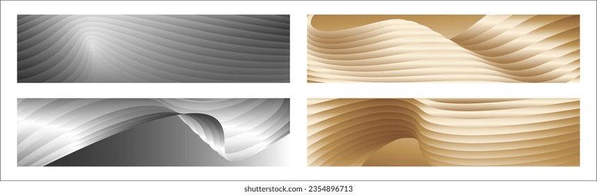 Wavy silver and gold parallel gradient lines, ribbons, silk. Set of 4 backgrounds. Black and white with shades of gray or golden silk. Banner, poster. eps vector