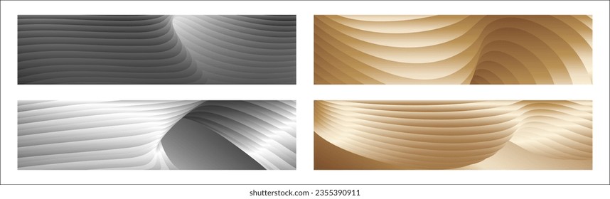 Wavy silver and gold parallel gradient lines, ribbons, silk. Set of 4 backgrounds. Black and white with shades of gray or golden silk. Banner, poster. eps vector