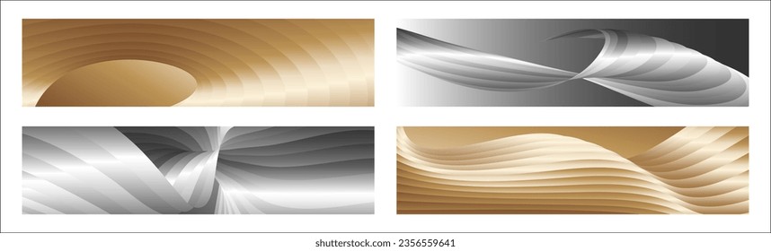 Wavy silver and gold parallel gradient lines, ribbons, silk. Set of 4 backgrounds. Black and white with shades of gray or golden silk. Banner, poster. eps vector