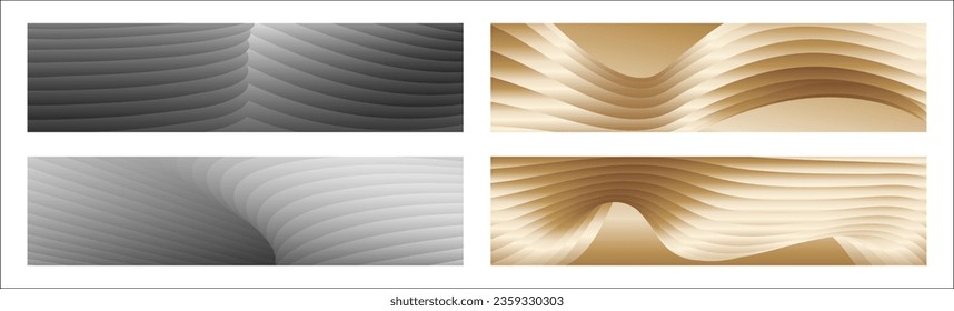 Wavy silver and gold parallel gradient lines, ribbons, silk. Set of 4 backgrounds. Black and white with shades of gray or golden silk. Banner, poster. eps vector