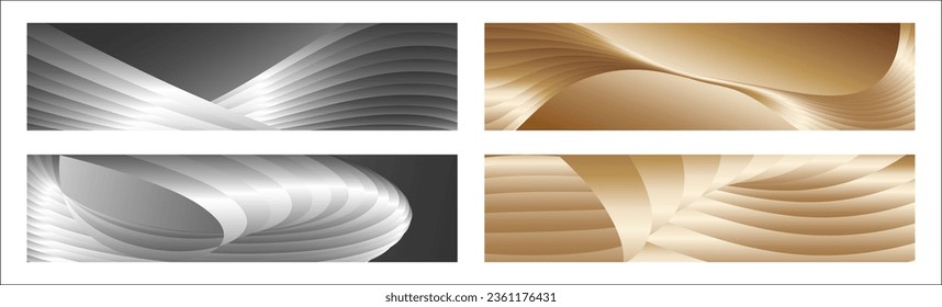 Wavy silver and gold parallel gradient lines, ribbons, silk. Set of 4 backgrounds. Black and white with shades of gray or golden silk. Banner, poster. eps vector