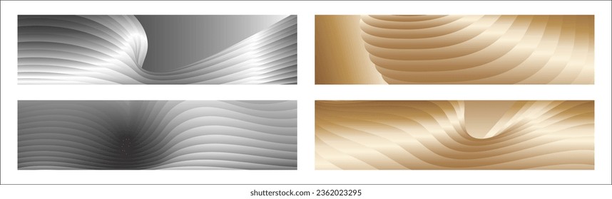 Wavy silver and gold parallel gradient lines, ribbons, silk. Set of 4 backgrounds. Black and white with shades of gray or golden silk. Banner, poster. eps vector