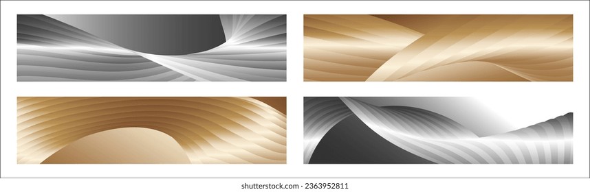 Wavy silver and gold parallel gradient lines, ribbons, silk. Set of 4 backgrounds. Black and white with shades of gray or golden silk. Banner, poster. eps vector