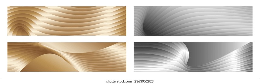 Wavy silver and gold parallel gradient lines, ribbons, silk. Set of 4 backgrounds. Black and white with shades of gray or golden silk. Banner, poster. eps vector