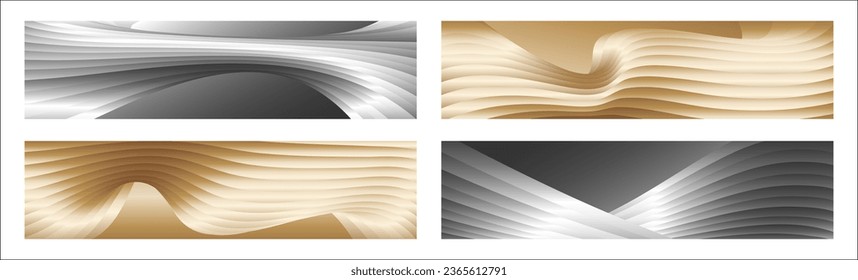 Wavy silver and gold parallel gradient lines, ribbons, silk. Set of 4 backgrounds. Black and white with shades of gray or golden silk. Banner, poster. eps vector