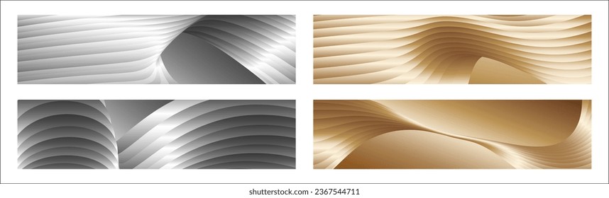 Wavy silver and gold parallel gradient lines, ribbons, silk. Set of 4 backgrounds. Black and white with shades of gray or golden silk. Banner, poster. eps vector