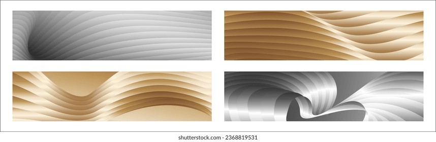 Wavy silver and gold parallel gradient lines, ribbons, silk. Set of 4 backgrounds. Black and white with shades of gray or golden silk. Banner, poster. eps vector