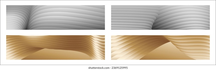 Wavy silver and gold parallel gradient lines, ribbons, silk. Set of 4 backgrounds. Black and white with shades of gray or golden silk. Banner, poster. eps vector