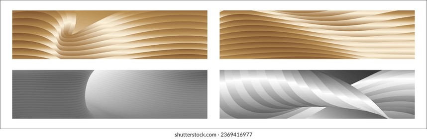 Wavy silver and gold parallel gradient lines, ribbons, silk. Set of 4 backgrounds. Black and white with shades of gray or golden silk. Banner, poster. eps vector