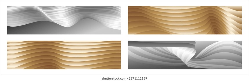 Wavy silver and gold parallel gradient lines, ribbons, silk. Set of 4 backgrounds. Black and white with shades of gray or golden silk. Banner, poster. eps vector