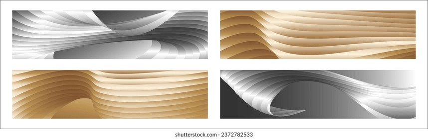 Wavy silver and gold parallel gradient lines, ribbons, silk. Set of 4 backgrounds. Black and white with shades of gray or golden silk. Banner, poster. eps vector