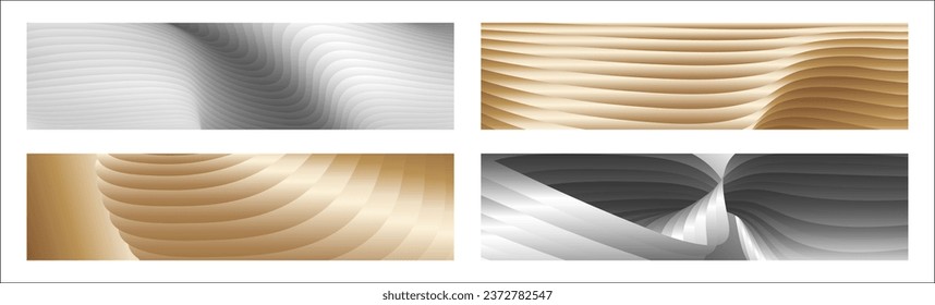 Wavy silver and gold parallel gradient lines, ribbons, silk. Set of 4 backgrounds. Black and white with shades of gray or golden silk. Banner, poster. eps vector