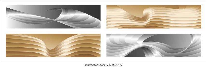 Wavy silver and gold parallel gradient lines, ribbons, silk. Set of 4 backgrounds. Black and white with shades of gray or golden silk. Banner, poster. eps vector