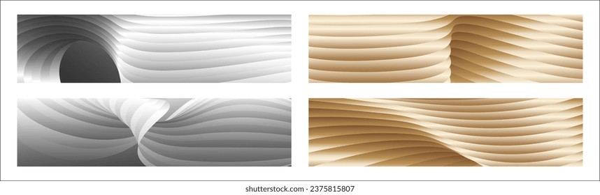 Wavy silver and gold parallel gradient lines, ribbons, silk. Set of 4 backgrounds. Black and white with shades of gray or golden silk. Banner, poster. eps vector