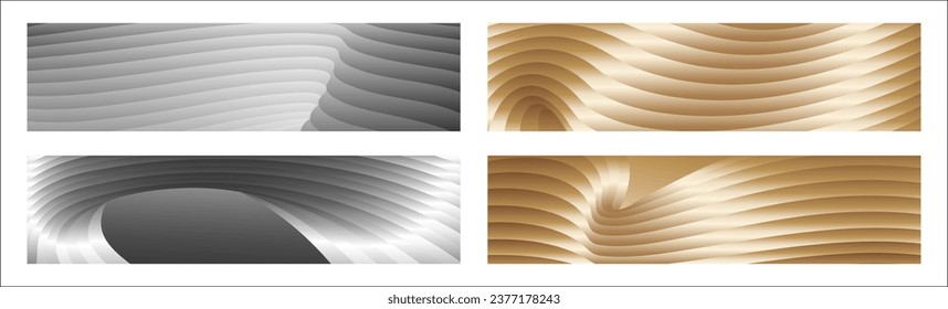 Wavy silver and gold parallel gradient lines, ribbons, silk. Set of 4 backgrounds. Black and white with shades of gray or golden silk. Banner, poster. eps vector