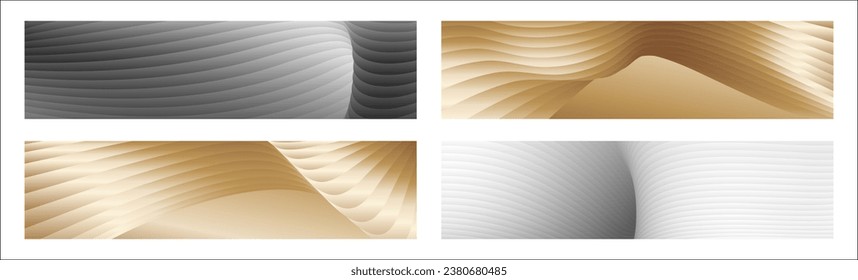 Wavy silver and gold parallel gradient lines, ribbons, silk. Set of 4 backgrounds. Black and white with shades of gray or golden silk. Banner, poster. eps vector