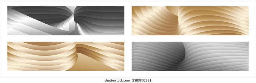 Wavy silver and gold parallel gradient lines, ribbons, silk. Set of 4 backgrounds. Black and white with shades of gray or golden silk. Banner, poster. eps vector