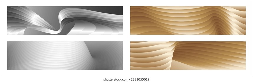 Wavy silver and gold parallel gradient lines, ribbons, silk. Set of 4 backgrounds. Black and white with shades of gray or golden silk. Banner, poster. eps vector