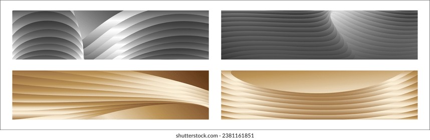Wavy silver and gold parallel gradient lines, ribbons, silk. Set of 4 backgrounds. Black and white with shades of gray or golden silk. Banner, poster. eps vector