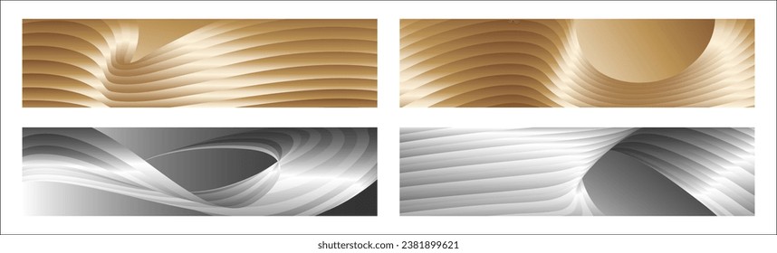 Wavy silver and gold parallel gradient lines, ribbons, silk. Set of 4 backgrounds. Black and white with shades of gray or golden silk. Banner, poster. eps vector