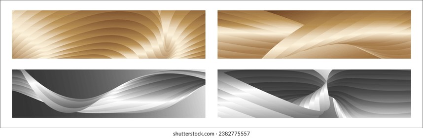 Wavy silver and gold parallel gradient lines, ribbons, silk. Set of 4 backgrounds. Black and white with shades of gray or golden silk. Banner, poster. eps vector