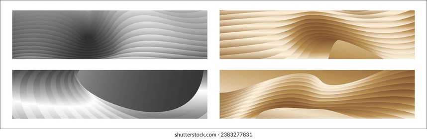 Wavy silver and gold parallel gradient lines, ribbons, silk. Set of 4 backgrounds. Black and white with shades of gray or golden silk. Banner, poster. eps vector