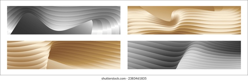 Wavy silver and gold parallel gradient lines, ribbons, silk. Set of 4 backgrounds. Black and white with shades of gray or golden silk. Banner, poster. eps vector