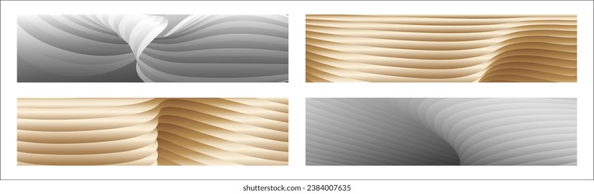 Wavy silver and gold parallel gradient lines, ribbons, silk. Set of 4 backgrounds. Black and white with shades of gray or golden silk. Banner, poster. eps vector