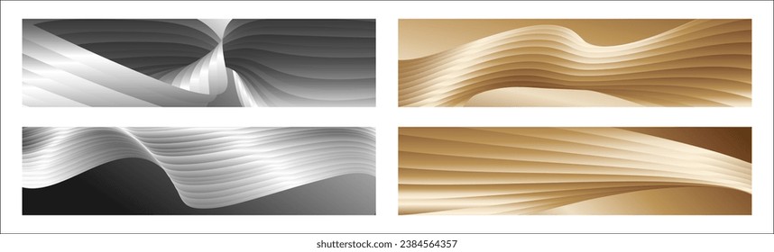 Wavy silver and gold parallel gradient lines, ribbons, silk. Set of 4 backgrounds. Black and white with shades of gray or golden silk. Banner, poster. eps vector