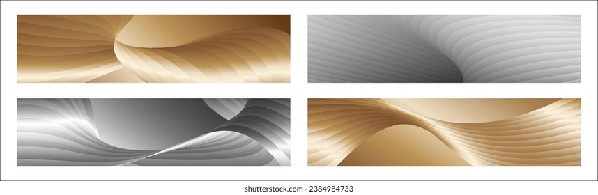 Wavy silver and gold parallel gradient lines, ribbons, silk. Set of 4 backgrounds. Black and white with shades of gray or golden silk. Banner, poster. eps vector