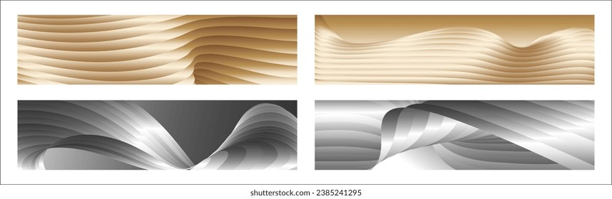 Wavy silver and gold parallel gradient lines, ribbons, silk. Set of 4 backgrounds. Black and white with shades of gray or golden silk. Banner, poster. eps vector