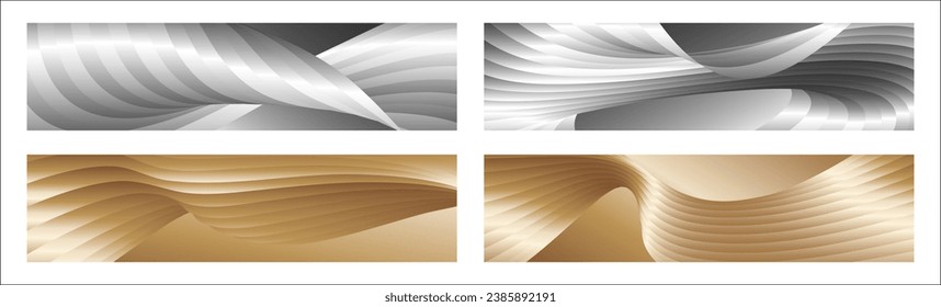 Wavy silver and gold parallel gradient lines, ribbons, silk. Set of 4 backgrounds. Black and white with shades of gray or golden silk. Banner, poster. eps vector