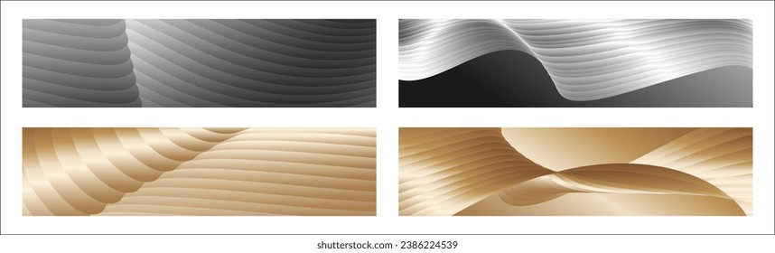 Wavy silver and gold parallel gradient lines, ribbons, silk. Set of 4 backgrounds. Black and white with shades of gray or golden silk. Banner, poster. eps vector