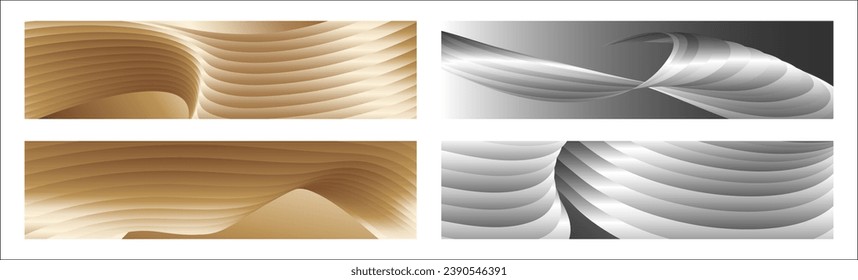 Wavy silver and gold parallel gradient lines, ribbons, silk. Set of 4 backgrounds. Black and white with shades of gray or golden silk. Banner, poster. eps vector