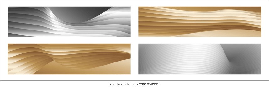 Wavy silver and gold parallel gradient lines, ribbons, silk. Set of 4 backgrounds. Black and white with shades of gray or golden silk. Banner, poster. eps vector