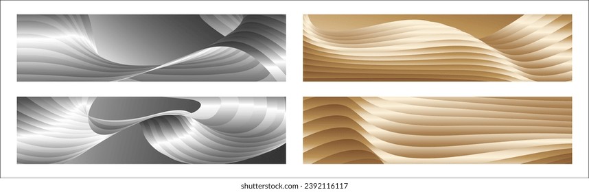 Wavy silver and gold parallel gradient lines, ribbons, silk. Set of 4 backgrounds. Black and white with shades of gray or golden silk. Banner, poster. eps vector