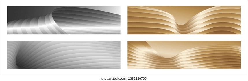 Wavy silver and gold parallel gradient lines, ribbons, silk. Set of 4 backgrounds. Black and white with shades of gray or golden silk. Banner, poster. eps vector
