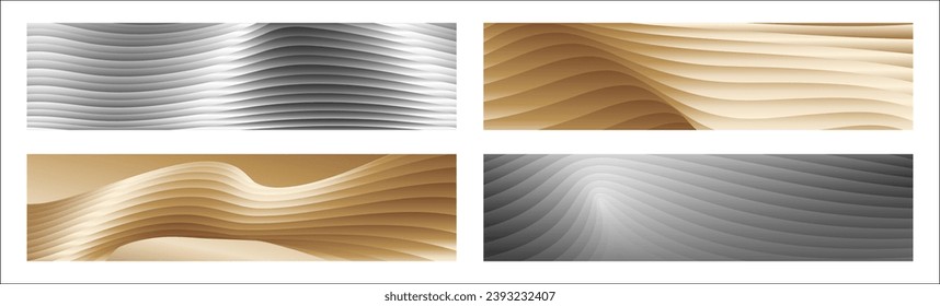 Wavy silver and gold parallel gradient lines, ribbons, silk. Set of 4 backgrounds. Black and white with shades of gray or golden silk. Banner, poster. eps vector