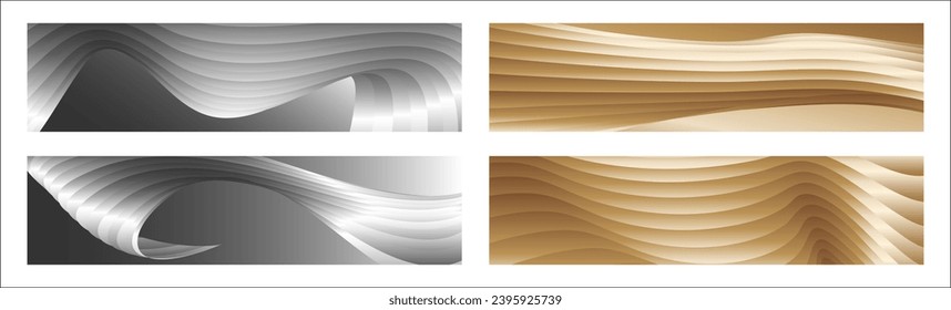 Wavy silver and gold parallel gradient lines, ribbons, silk. Set of 4 backgrounds. Black and white with shades of gray or golden silk. Banner, poster. eps vector