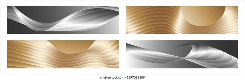 Wavy silver and gold parallel gradient lines, ribbons, silk. Set of 4 backgrounds. Black and white with shades of gray or golden silk. Banner, poster. eps vector