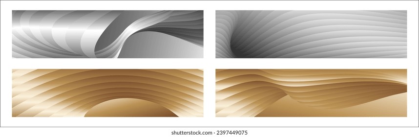 Wavy silver and gold parallel gradient lines, ribbons, silk. Set of 4 backgrounds. Black and white with shades of gray or golden silk. Banner, poster. eps vector