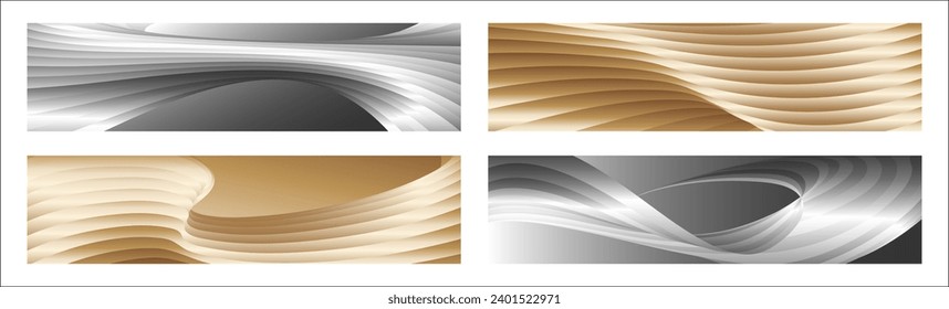 Wavy silver and gold parallel gradient lines, ribbons, silk. Set of 4 backgrounds. Black and white with shades of gray or golden silk. Banner, poster. eps vector