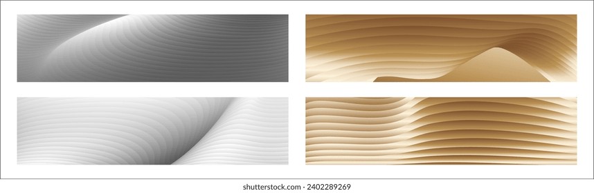 Wavy silver and gold parallel gradient lines, ribbons, silk. Set of 4 backgrounds. Black and white with shades of gray or golden silk. Banner, poster. eps vector