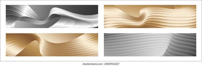 Wavy silver and gold parallel gradient lines, ribbons, silk. Set of 4 backgrounds. Black and white monochrome or golden silk background. Banner, poster. eps vector