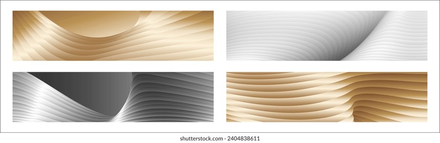 Wavy silver and gold parallel gradient lines, ribbons, silk. Set of 4 backgrounds. Black and white with shades of gray or golden silk. Banner, poster. eps vector