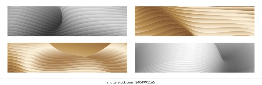 Wavy silver and gold parallel gradient lines, ribbons, silk. Set of 4 backgrounds. Black and white with shades of gray or golden silk. Banner, poster. eps vector