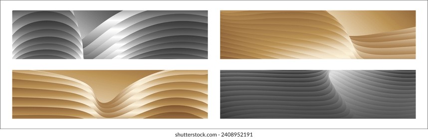 Wavy silver and gold parallel gradient lines, ribbons, silk. Set of 4 backgrounds. Black and white with shades of gray or golden silk. Banner, poster. eps vector
