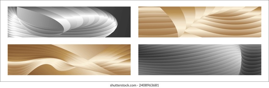 Wavy silver and gold parallel gradient lines, ribbons, silk. Set of 4 backgrounds. Black and white with shades of gray or golden silk. Banner, poster. eps vector