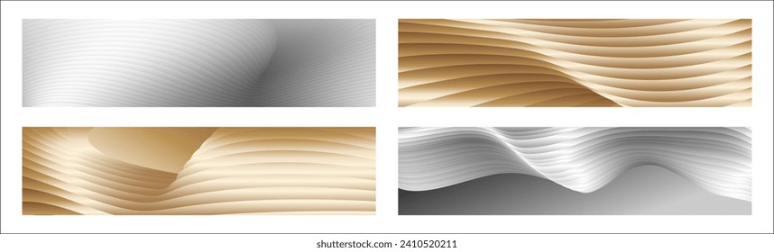 Wavy silver and gold parallel gradient lines, ribbons, silk. Set of 4 backgrounds. Black and white with shades of gray or golden silk. Banner, poster. eps vector