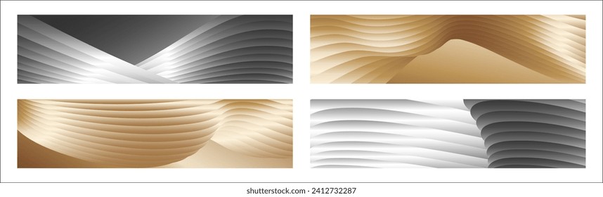 Wavy silver and gold parallel gradient lines, ribbons, silk. Set of 4 backgrounds. Black and white with shades of gray or golden silk. Banner, poster. eps vector